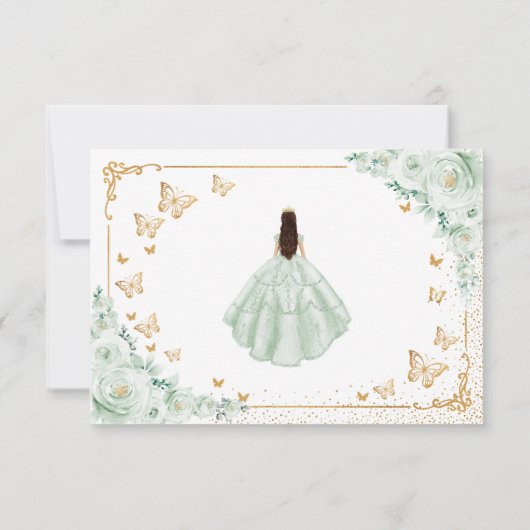 Chic Sage Green Roses Gold Quinceanera Reply 出欠カード (裏面)
