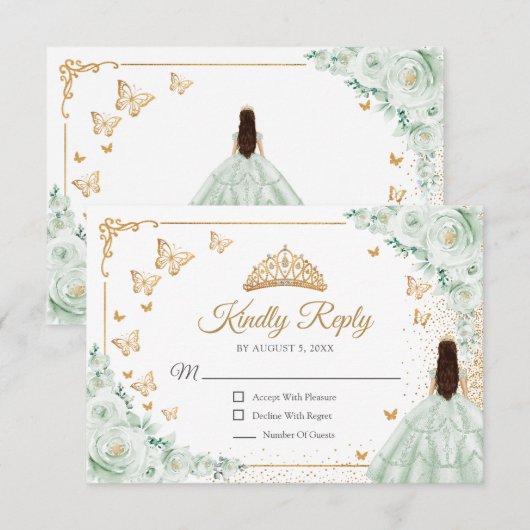 Chic Sage Green Roses Gold Quinceanera Reply 出欠カード (正面/裏面)