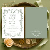 Chic Sage Green Victorian French Monogram Wedding 招待状