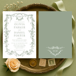 Chic Sage Green Victorian French Monogram Wedding  招待状
