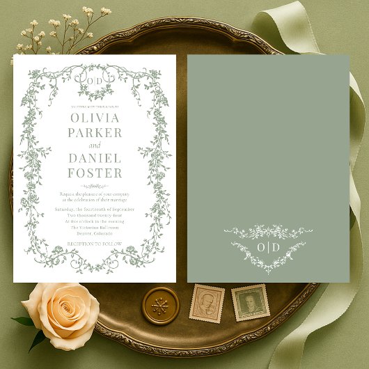 Chic Sage Green Victorian French Monogram Wedding  招待状