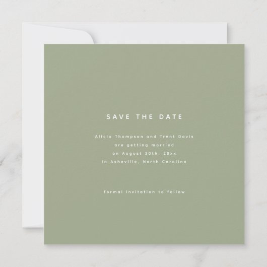 Chic Sage Green & White Calligraphy Save the Date 招待状 (裏面)