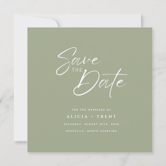 Chic Sage Green & White Calligraphy Save the Date 招待状 (正面)