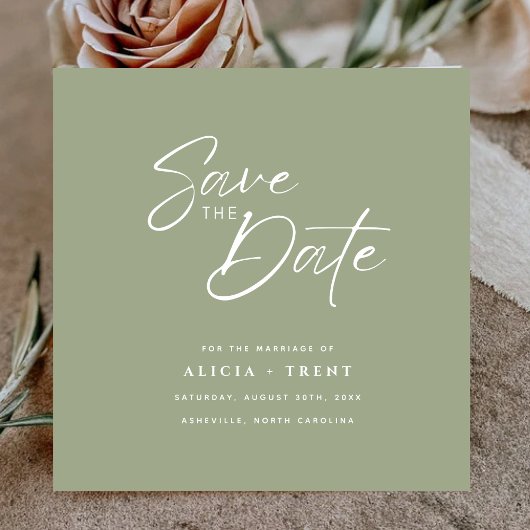 Chic Sage Green & White Calligraphy Save the Date 招待状