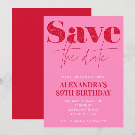 Chic Save the date Red Pink 89th birthday 招待状 (正面/裏面)