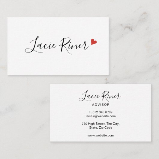 Chic Script モダン Red Loveハート 名刺 (正面/裏面)