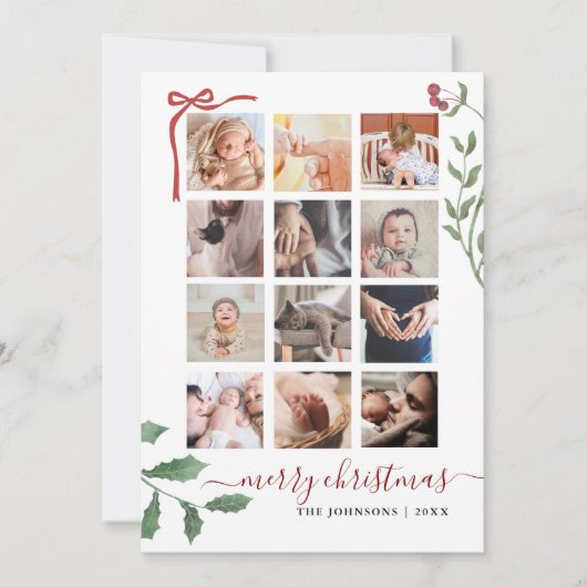 Chic Script 12 Photo Collage Botanical Christmas  シーズンカード (正面)