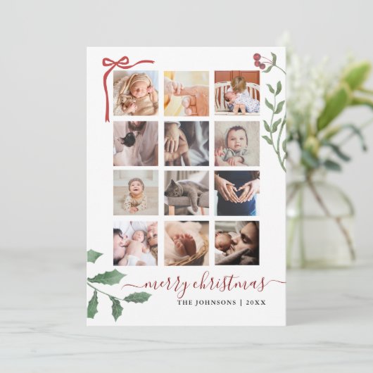 Chic Script 12 Photo Collage Botanical Christmas  シーズンカード (スタンド正面)