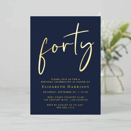 Chic Script 40th Birthday Party 箔招待状 (立ち正面)