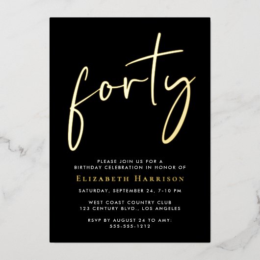 Chic Script 40th Birthday Party 箔招待状 (正面)