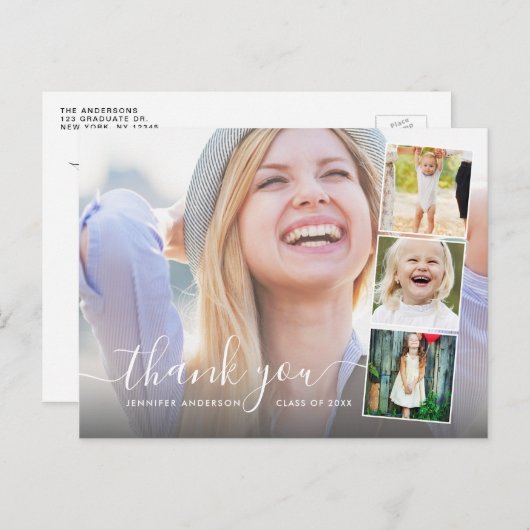 Chic Script 4 Photo Collage卒業ありがとう ポストカード (正面/裏面)