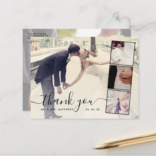 Chic Script 4 Photo Collage結婚's Thank You ポストカード