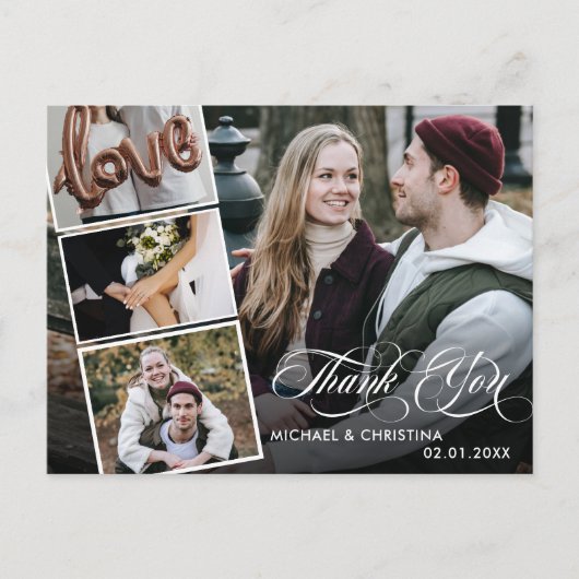 Chic Script 4 Photo Collage結婚's Thank You ポストカード (正面)