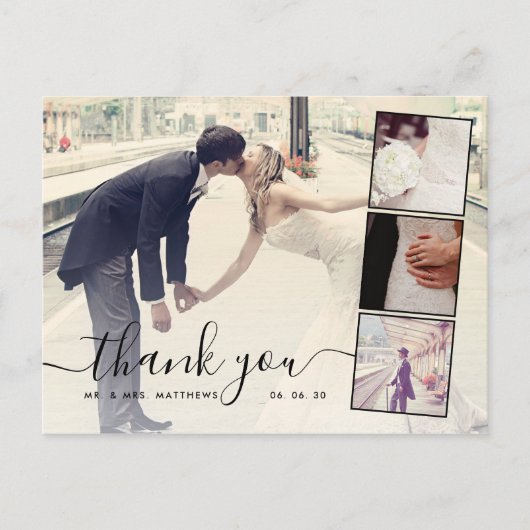 Chic Script 4 Photo Collage結婚's Thank You ポストカード (正面)