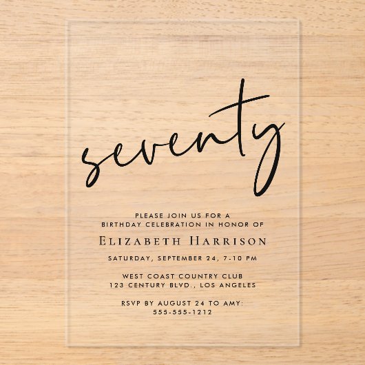 Chic Script 70th Birthday Party アクリル招待状 (正面)