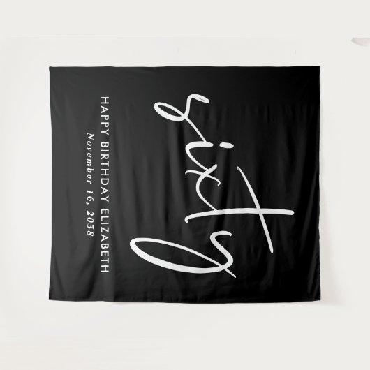 Chic Script Black 60th Birthday Party タペストリー (正面(横))