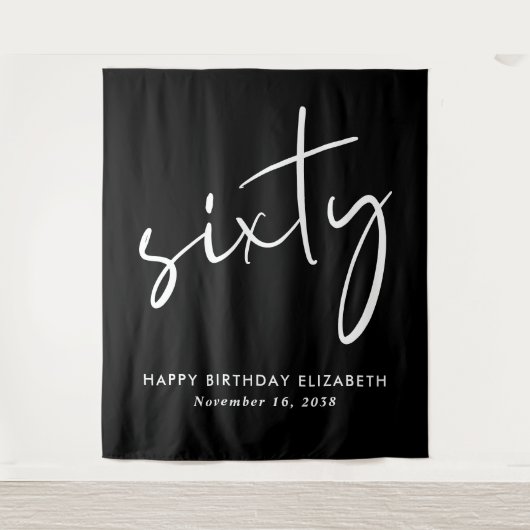 Chic Script Black 60th Birthday Party タペストリー (正面)