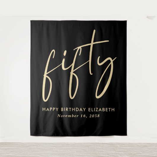 Chic Script Black Gold 50th Birthday Party タペストリー (正面)