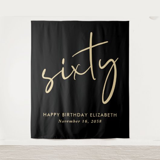 Chic Script Black Gold 60th Birthday Party タペストリー (正面)