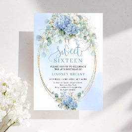 Chic Script Blue Hydrangea Gold Sweet Sixteen 招待状