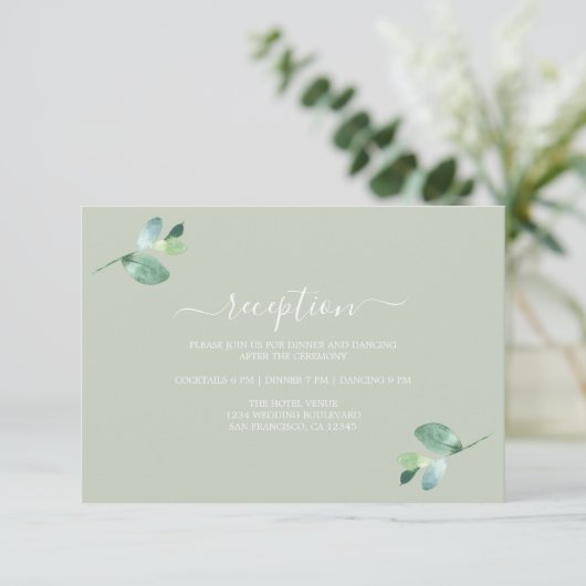Chic Script Eucalyptus Foliage Wedding Reception エンクロージャーカード (スタンド正面)