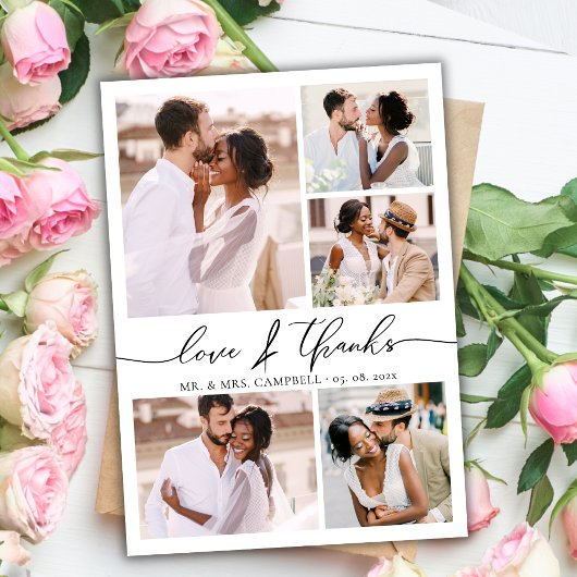 Chic Script Love and Thanks Photo Collage Wedding サンキューカード