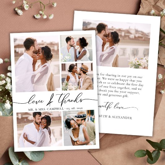 Chic Script Love and Thanks Photo Collage Wedding サンキューカード