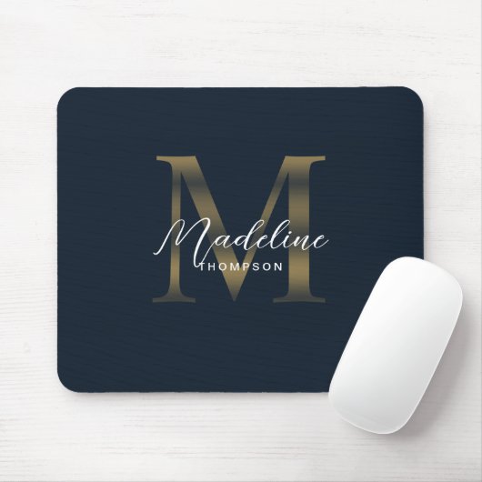 Chic Script Metallic Navy Blue and Gold Monogram マウスパッド (マウス)