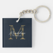 Chic Script Metallic Navy Blue Gold Monogram キーホルダー (裏面)