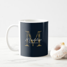 Chic Script Metallic Navy Blue Gold Monogram コーヒーマグカップ