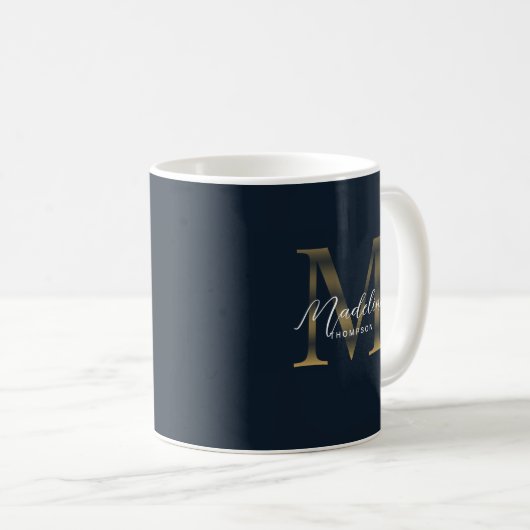 Chic Script Metallic Navy Blue Gold Monogram コーヒーマグカップ (正面右)