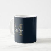 Chic Script Metallic Navy Blue Gold Monogram コーヒーマグカップ (正面左)