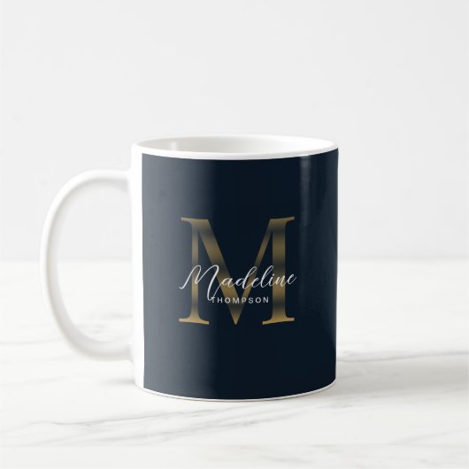 Chic Script Metallic Navy Blue Gold Monogram コーヒーマグカップ (左)
