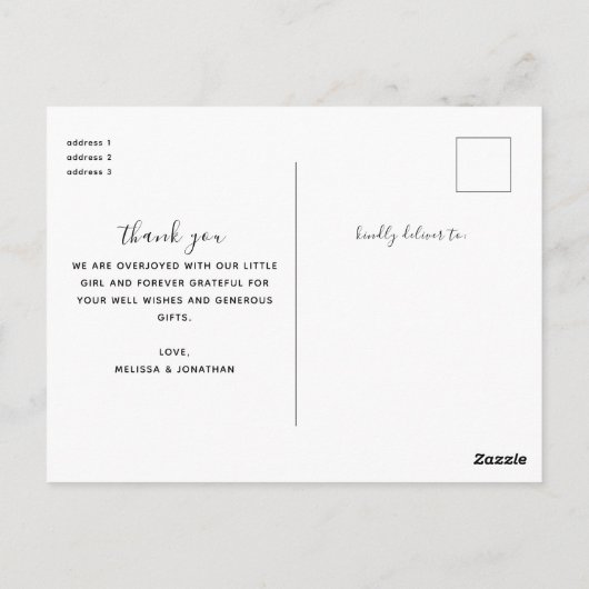 Chic Script Minimalist写真新生児ありがとう ポストカード (裏面)
