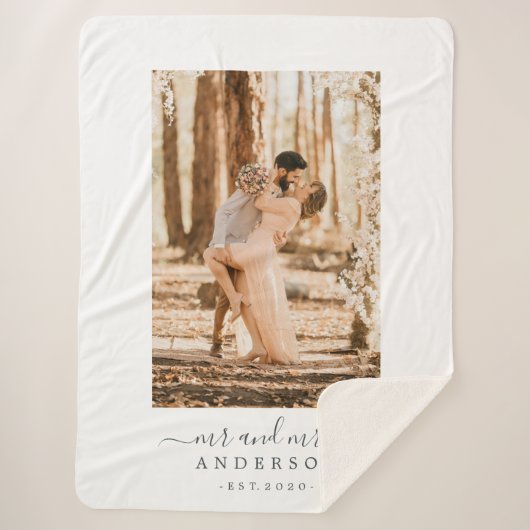Chic Script Newlywed Mr. Mrs. Monogram Photo シェルパブランケット (正面)