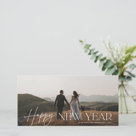 Chic Script Panoramic New Year Holiday Photo Card シーズンカード (スタンド正面)