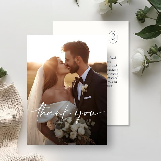 Chic Script Photo Overlay Wedding Thank You Card サンキューカード