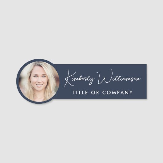 Chic Script Professional Blue Photo 名札 (正面)