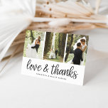 Chic Script | Wedding Photo Collage Thank You サンキューカード<br><div class="desc">A modern folded thank you card designed to accommodate three of your favorite wedding photos aligned side by side. "Love and thanks" appears beneath your photos in black handwritten style script lettering,  with your names beneath.</div>