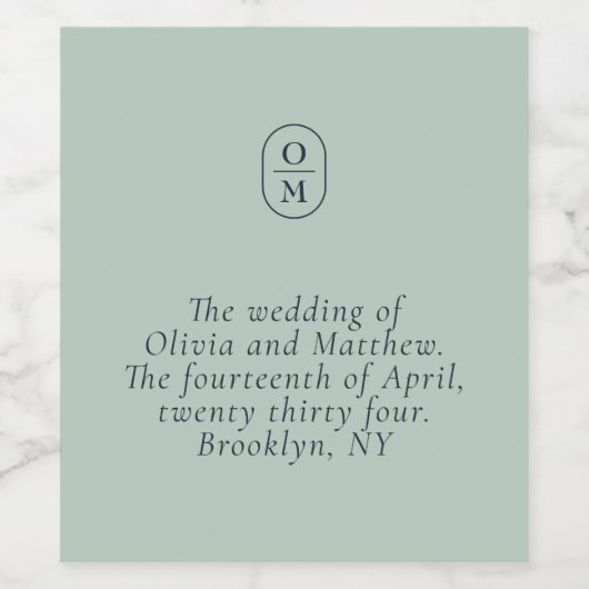 Chic Seafoam Green Monogram Wedding ワインラベル (シングルラベル)