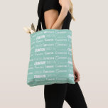 Chic Seafoam Green Personalized Name Collage トートバッグ<br><div class="desc">Chic seaside mint green name collage tote bag decorated in nine different fonts spelling a custom name in white. Cute personalized gift with trendy typography.</div>