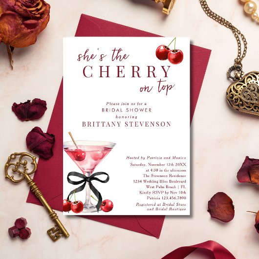 Chic She's The Cherry On Top Martini Bridal Shower 招待状