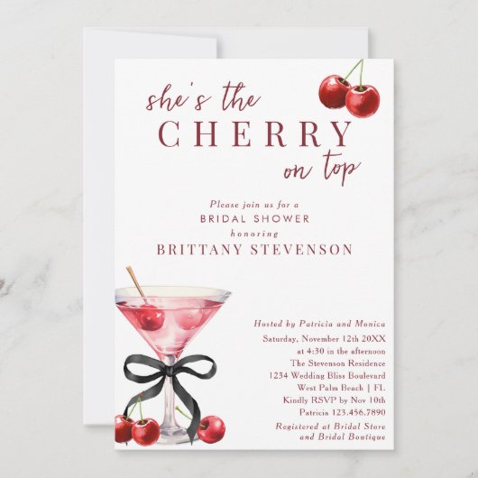 Chic She's The Cherry On Top Martini Bridal Shower 招待状 (正面)