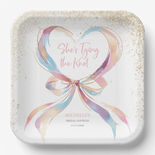 Chic She's Tying The Knot Pink Bow Bridal Shower ペーパープレート (正面)