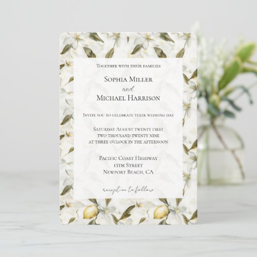 Chic Sicilian Summer Lemons Floral Wedding 招待状 (スタンド正面)