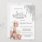 Chic Silver Drips,Eiffel Tower Peonies Sweet 16 招待状 (正面)