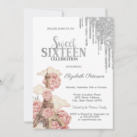 Chic Silver Drips,Eiffel Tower Peonies Sweet 16 招待状 (正面)
