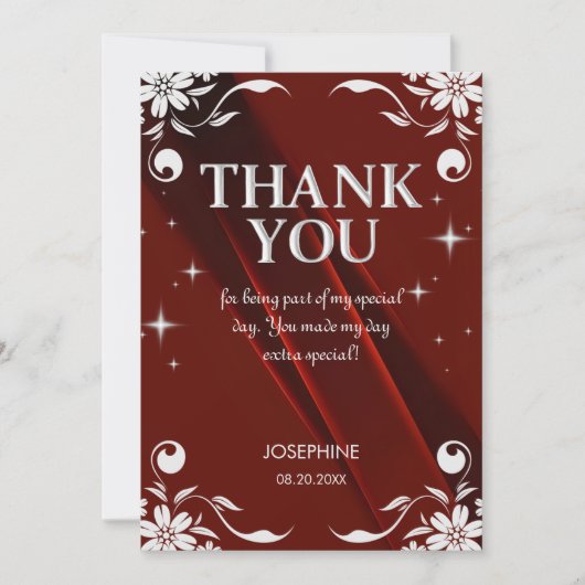 Chic Silver Floral Frame Burgundy 50th Birthday サンキューカード (正面)