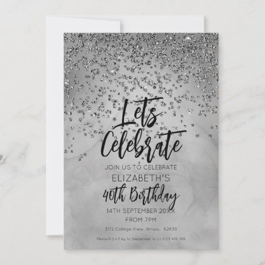 Chic Silver Glitter 40th Birthday  招待状 (正面)