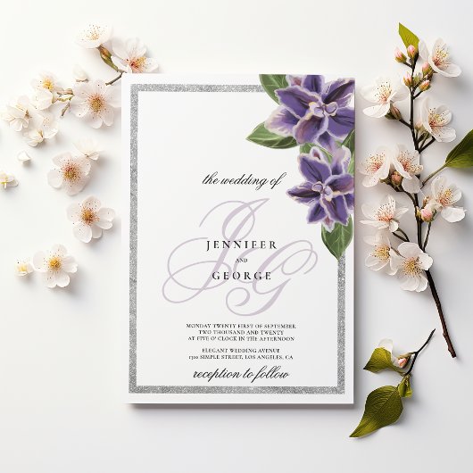 Chic silver glitter purple lavender orchid wedding 招待状